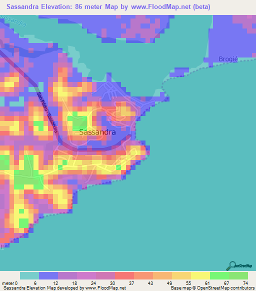 Sassandra,Ivory Coast Elevation Map