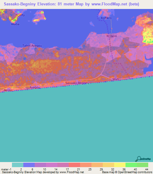 Sassako-Begniny,Ivory Coast Elevation Map