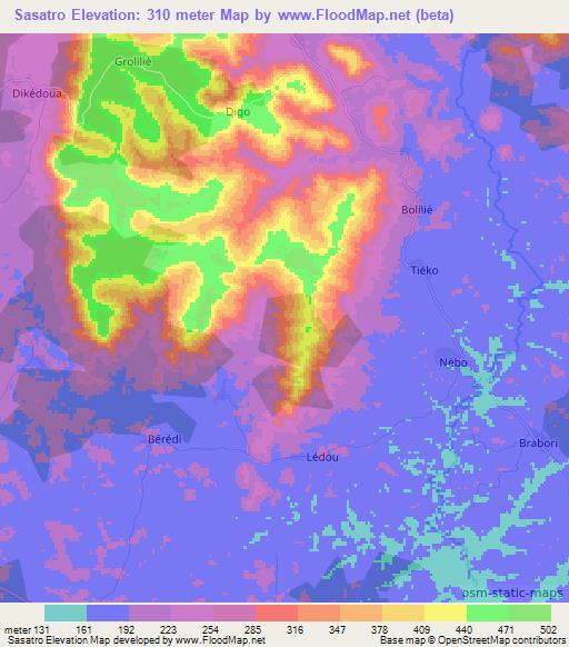 Sasatro,Ivory Coast Elevation Map