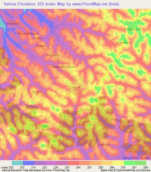 Saioua,Ivory Coast Elevation Map