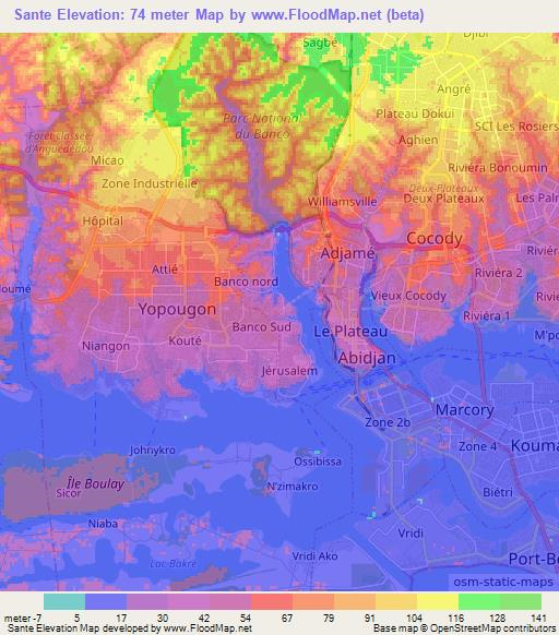 Sante,Ivory Coast Elevation Map