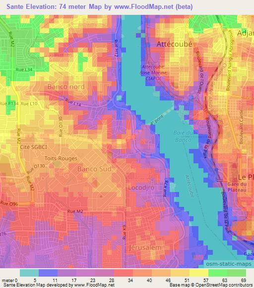 Sante,Ivory Coast Elevation Map