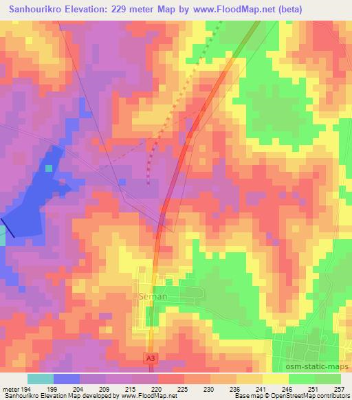Sanhourikro,Ivory Coast Elevation Map