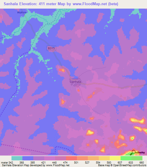 Sanhala,Ivory Coast Elevation Map