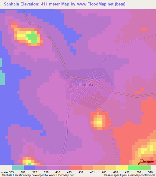 Sanhala,Ivory Coast Elevation Map