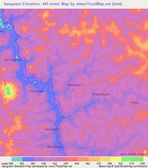 Sangwani,Ivory Coast Elevation Map