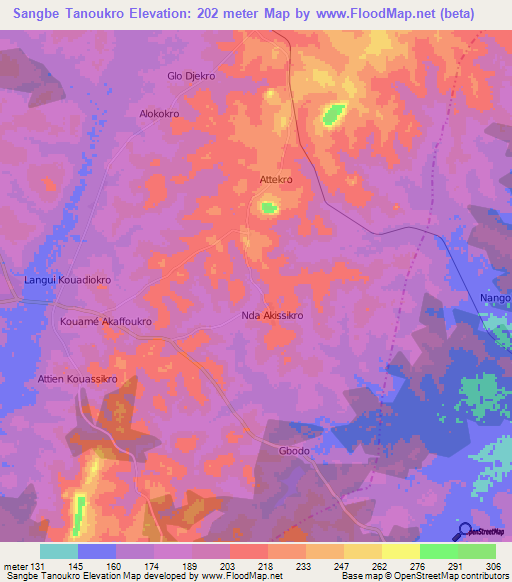 Sangbe Tanoukro,Ivory Coast Elevation Map