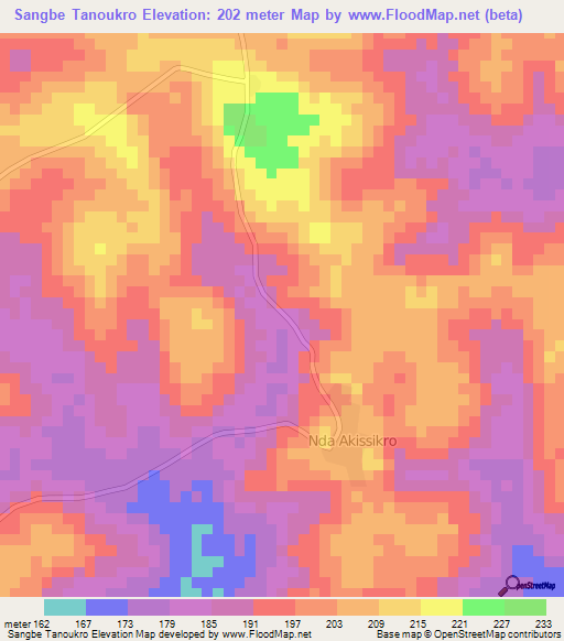 Sangbe Tanoukro,Ivory Coast Elevation Map