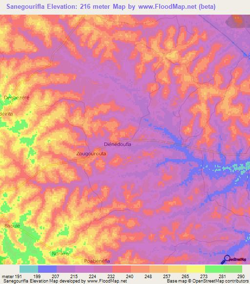 Sanegourifla,Ivory Coast Elevation Map