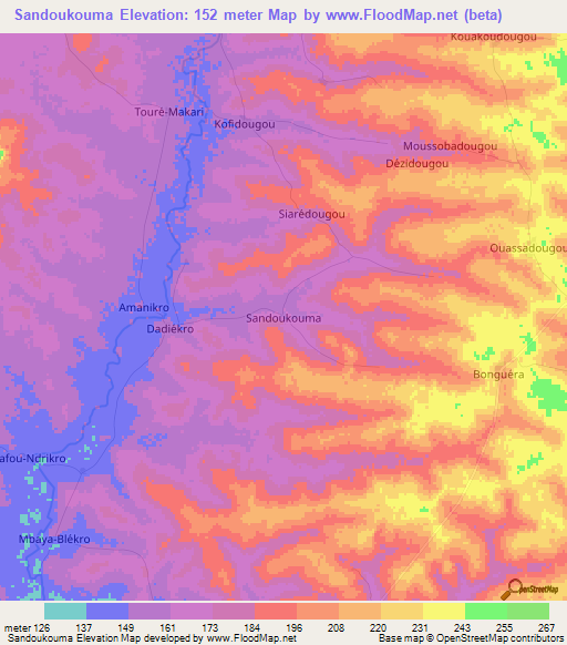 Sandoukouma,Ivory Coast Elevation Map