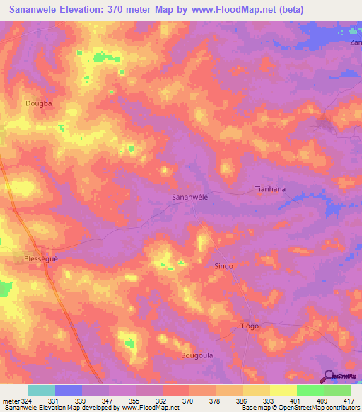 Sananwele,Ivory Coast Elevation Map