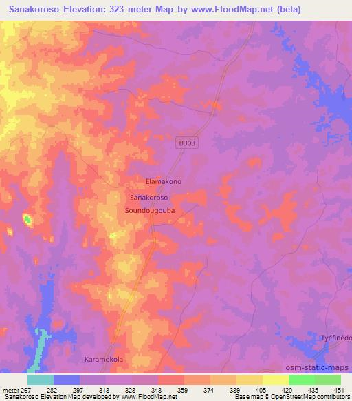 Sanakoroso,Ivory Coast Elevation Map