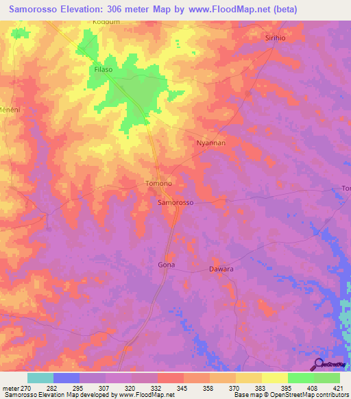 Samorosso,Ivory Coast Elevation Map