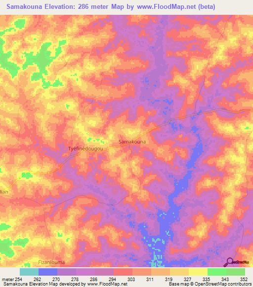 Samakouna,Ivory Coast Elevation Map