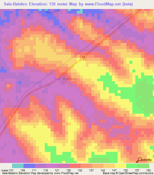 Sale-Balekro,Ivory Coast Elevation Map