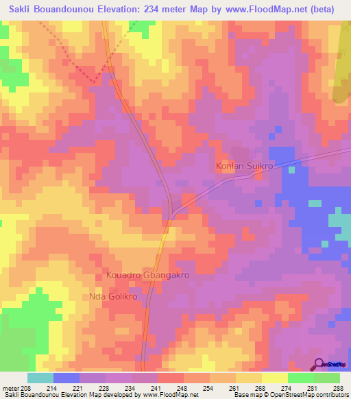 Sakli Bouandounou,Ivory Coast Elevation Map