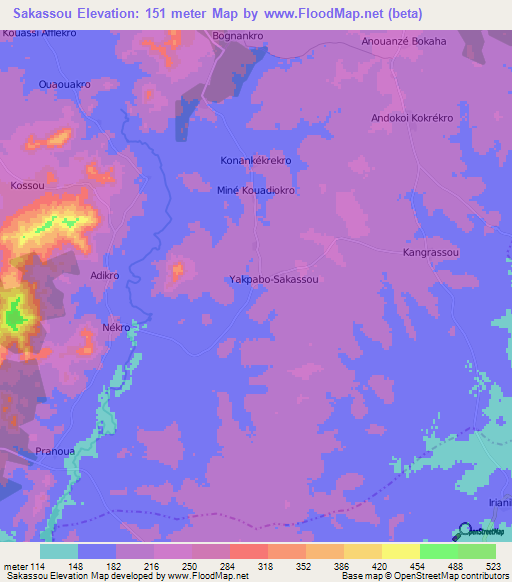 Sakassou,Ivory Coast Elevation Map