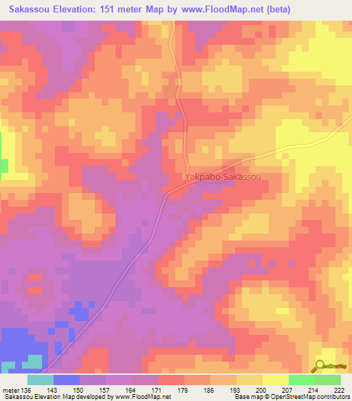 Sakassou,Ivory Coast Elevation Map