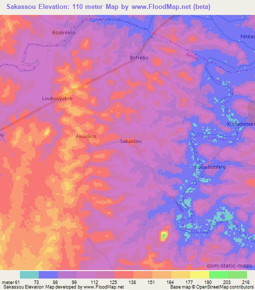 Sakassou,Ivory Coast Elevation Map