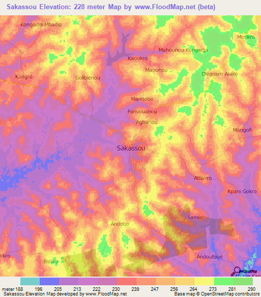 Sakassou,Ivory Coast Elevation Map