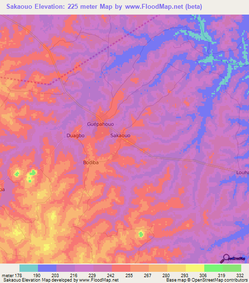 Sakaouo,Ivory Coast Elevation Map