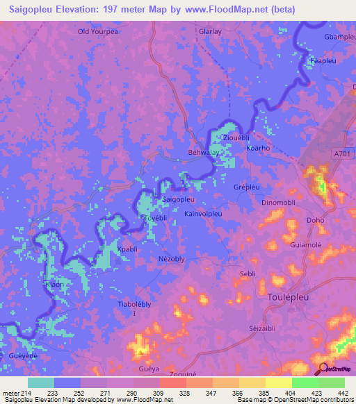 Saigopleu,Ivory Coast Elevation Map