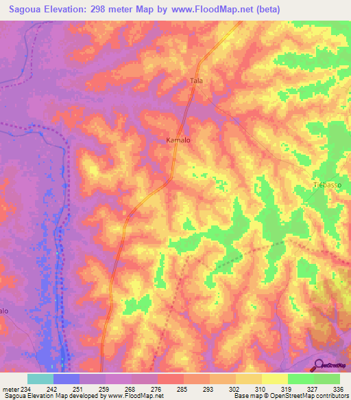 Sagoua,Ivory Coast Elevation Map