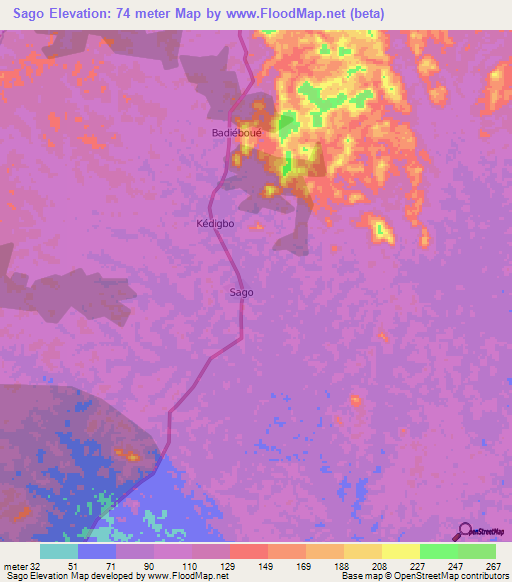 Sago,Ivory Coast Elevation Map