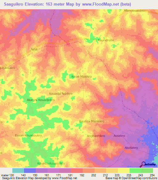 Saaguikro,Ivory Coast Elevation Map