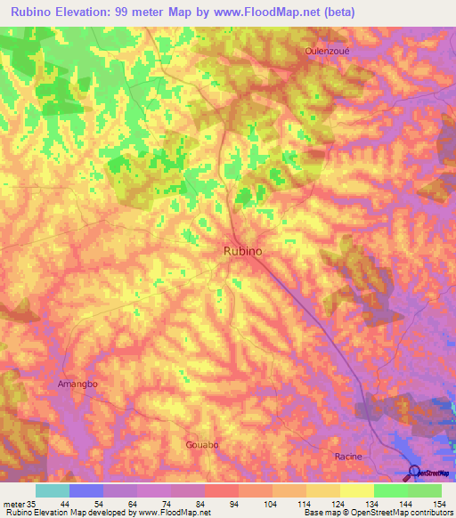 Rubino,Ivory Coast Elevation Map
