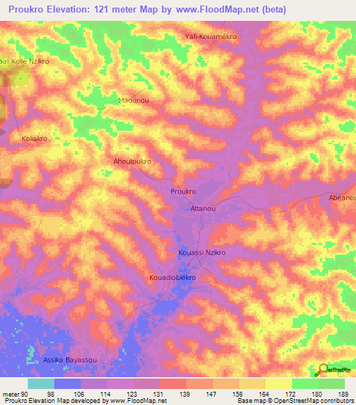 Proukro,Ivory Coast Elevation Map