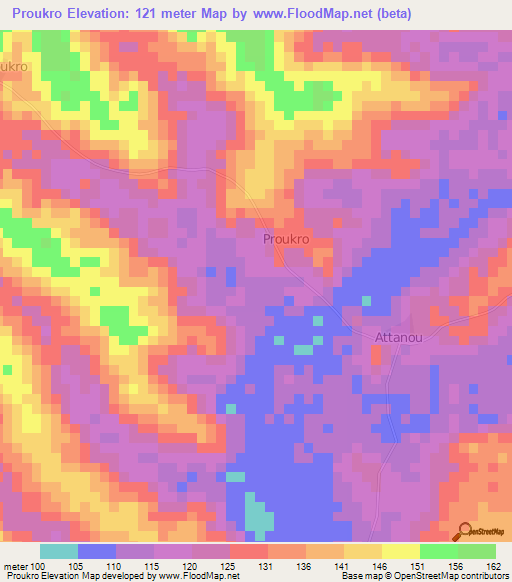 Proukro,Ivory Coast Elevation Map