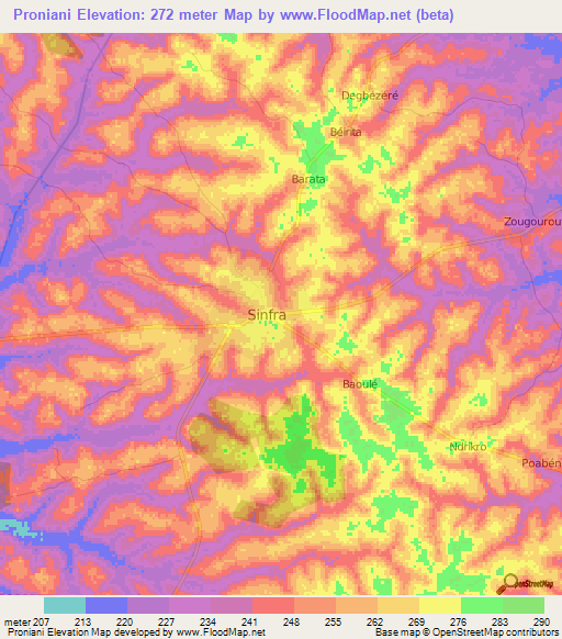 Proniani,Ivory Coast Elevation Map