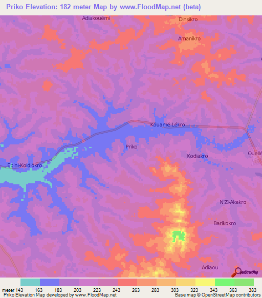 Priko,Ivory Coast Elevation Map