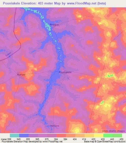 Pouniakele,Ivory Coast Elevation Map