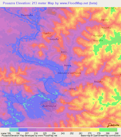 Pouazra,Ivory Coast Elevation Map