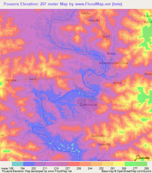 Pouezra,Ivory Coast Elevation Map
