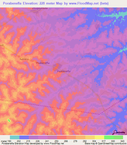 Porabenefla,Ivory Coast Elevation Map