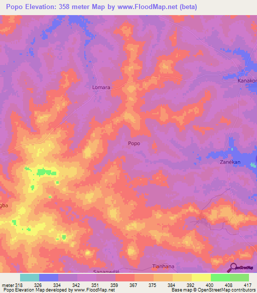 Popo,Ivory Coast Elevation Map