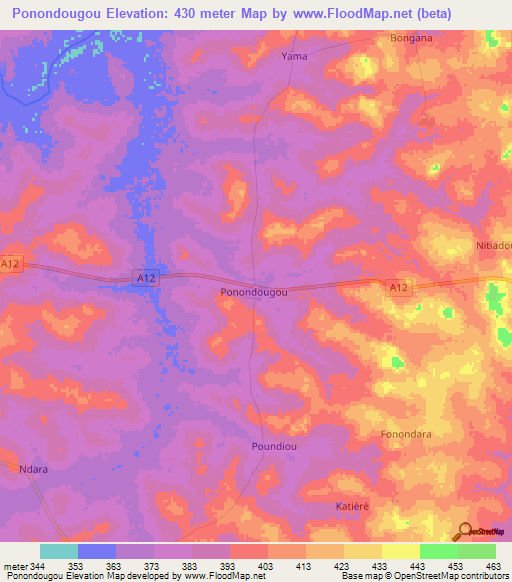 Ponondougou,Ivory Coast Elevation Map