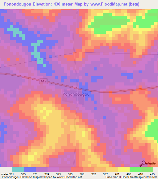 Ponondougou,Ivory Coast Elevation Map