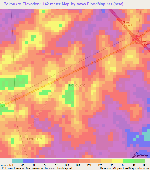 Pokoukro,Ivory Coast Elevation Map