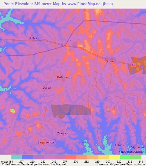 Podie,Ivory Coast Elevation Map