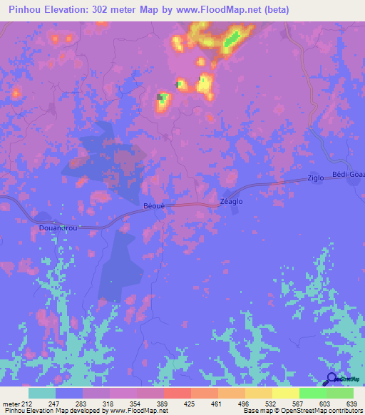 Pinhou,Ivory Coast Elevation Map