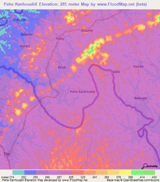 Pehe Kanhouebli,Ivory Coast Elevation Map