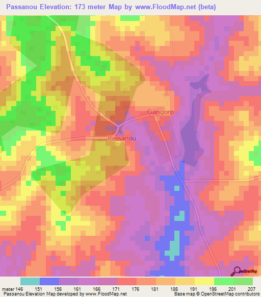 Passanou,Ivory Coast Elevation Map