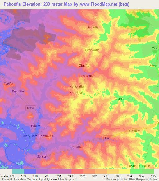 Pahoufla,Ivory Coast Elevation Map