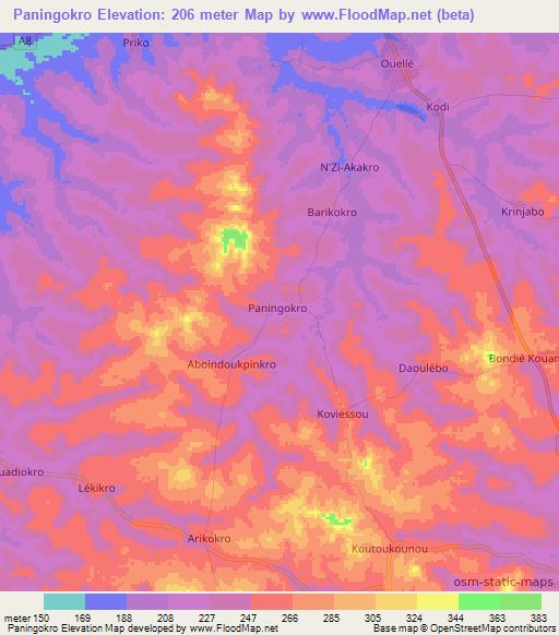 Paningokro,Ivory Coast Elevation Map