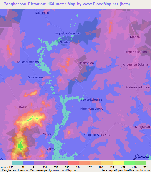 Pangbassou,Ivory Coast Elevation Map
