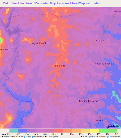 Pokoukro,Ivory Coast Elevation Map